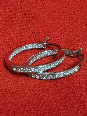 Stella & Dot Style Sterling Silver CZ Inside Out Hoop Earrings Round Pavé 925